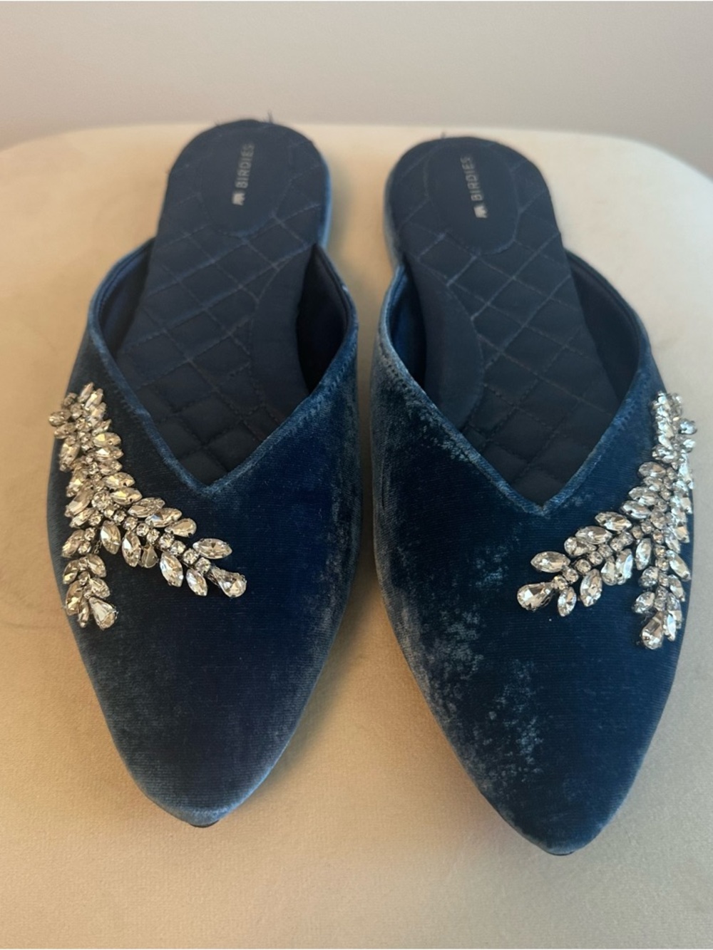 Birdies The Swan Mule Blue Velvet Pointed-Toe Mules with Crystal Embellishment - Picture 5 of 8